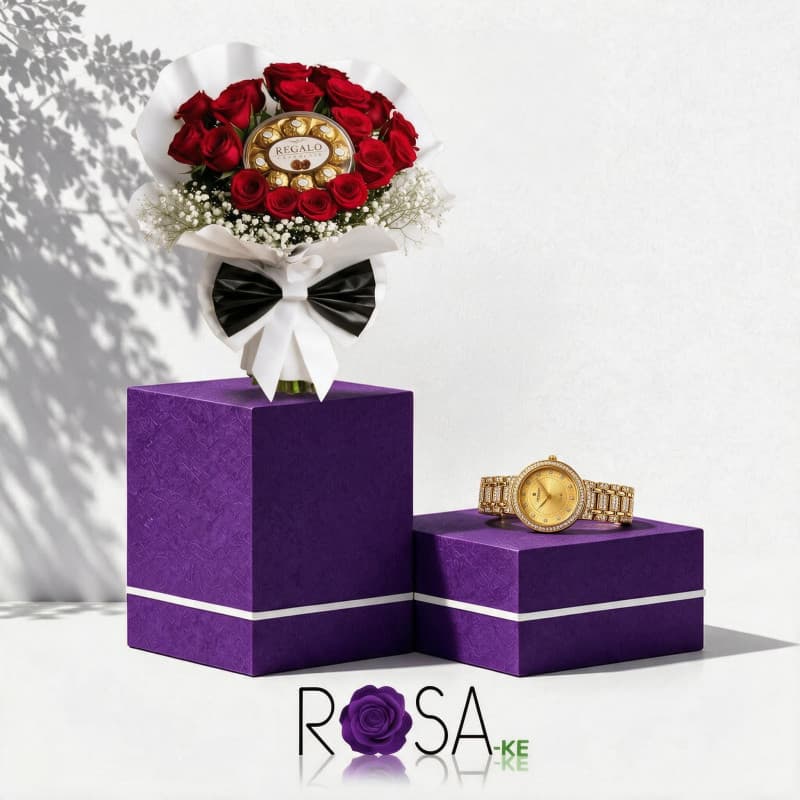 Luxury Red Rose Gift Box with Women's Watch and Chocolates Nairobi