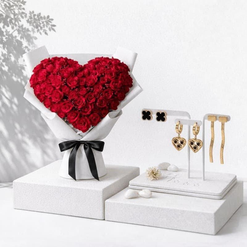 Heart Shape Red Rose Bouquet with Gold Jewelry Gift Nairobi Delivery ROSA Nairobi