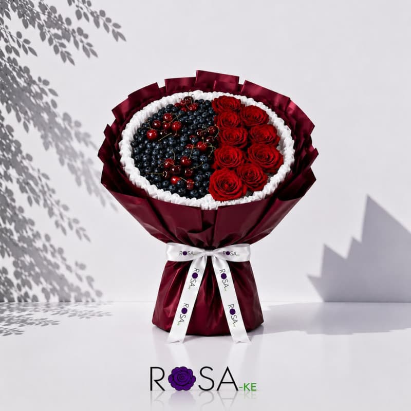 Luxury Red Roses, Black Grapes & Cherries Bouquet | ROSA-KE
