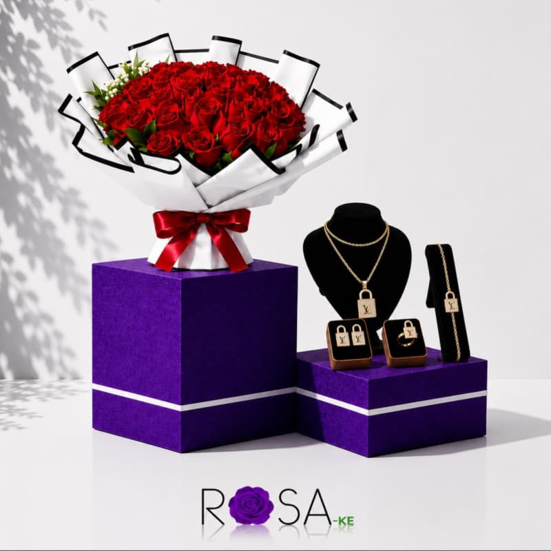 Luxury Red Rose Bouquet with Elegant Jewelry Gift Set | ROSA-KE Nairobi